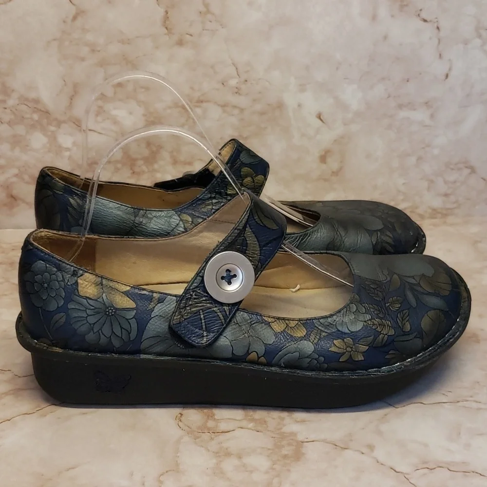 Alegria navy blue and gray floral clogs platforms Mary Jane womens size 41